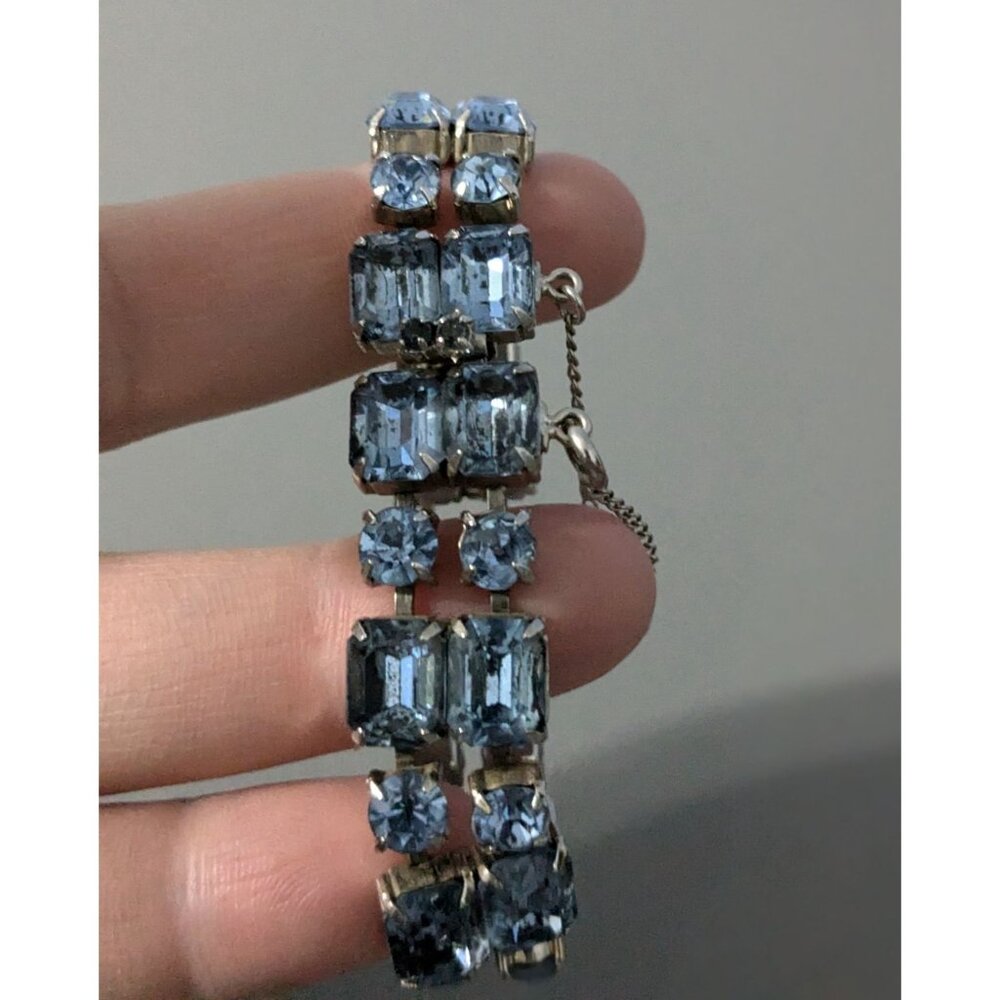 Vintage Silver Tone Blue Crystal Bracelet With Safety Clasp - Picture 9 of 9